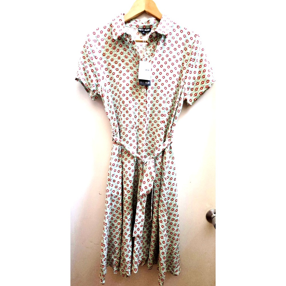 Pretty Vacant Dress Debbie Shirtdress M Aqua&Red Floral S/S Tie Waist Mid Length